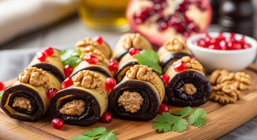 ジョージア料理バドリジャニ。クルミペーストを塗ったナス巻き。