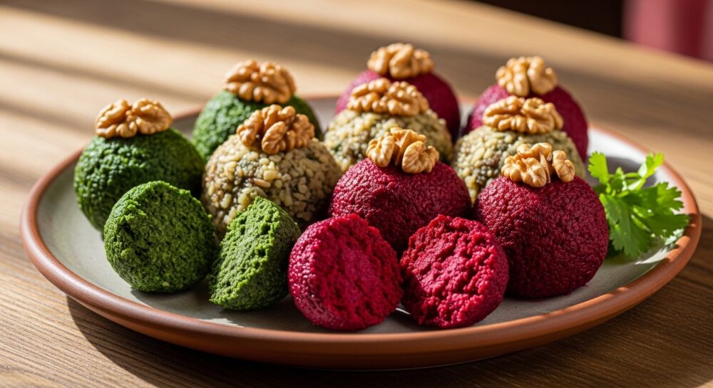 ジョージア料理プハリ。カラフルな野菜のクルミ和えボール。