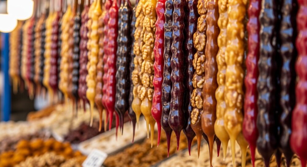ジョージアの伝統菓子チュルチュヘラ。市場に吊るされた色とりどりの串菓子。