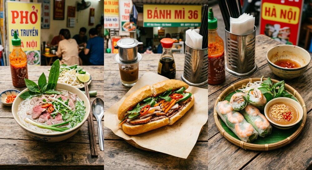 ベトナムの王道料理が並ぶ食卓。フォー、バインミー、生春巻き。