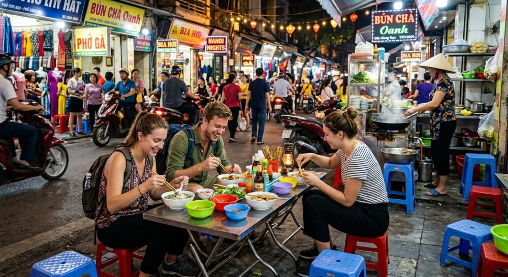 ベトナムの路上屋台で食事を楽しむ旅行者。プラスチックの低い椅子に座って。