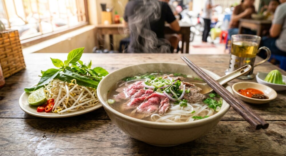 ベトナム料理フォー。透き通ったスープに米麺と薄切り牛肉。