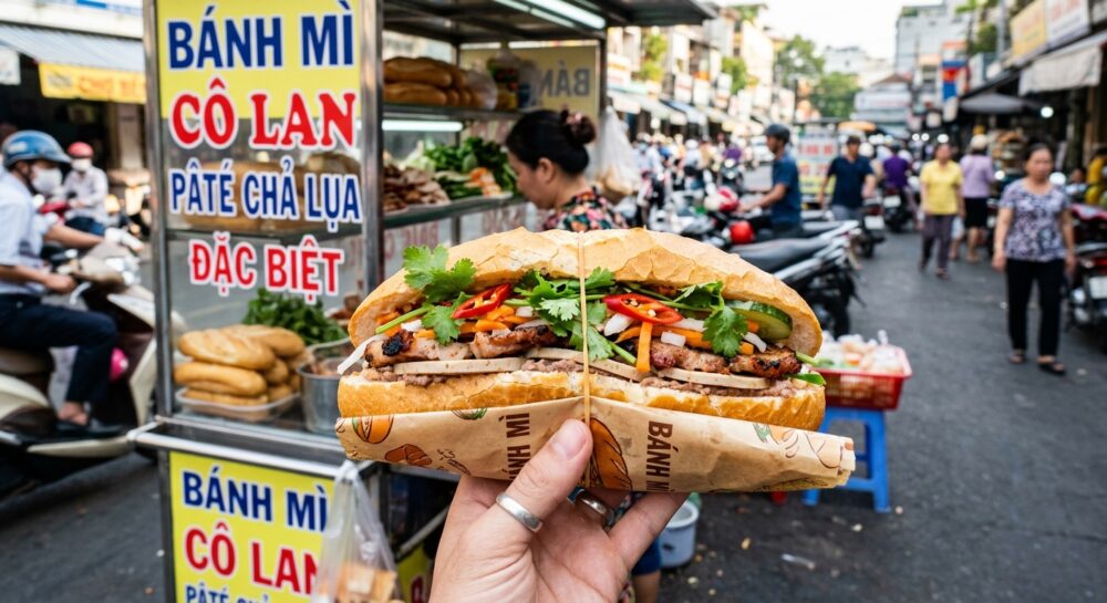ベトナムのバインミー。パリッとしたバゲットにハムと野菜が詰まったサンドイッチ。