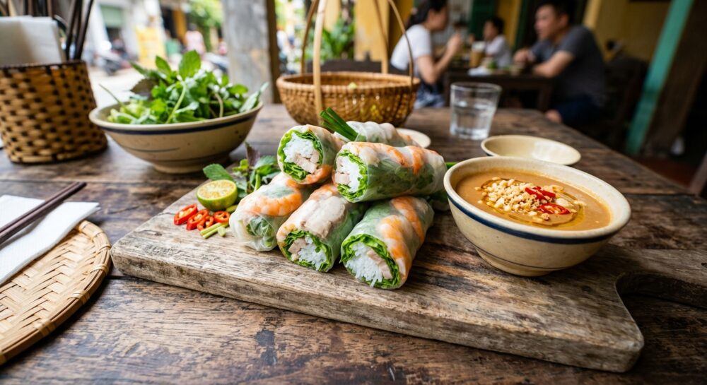 ベトナムの生春巻き。透明なライスペーパーにエビと野菜が詰まった美しい一品。