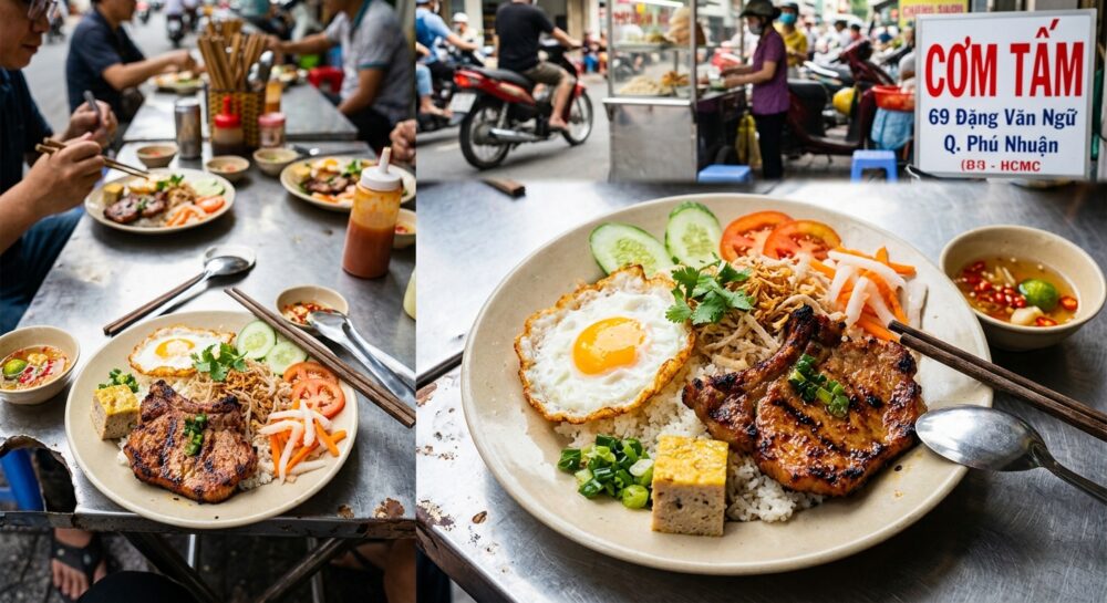 ベトナム料理コム・タム。炭火焼き豚肉と砕き米ご飯のワンプレート。