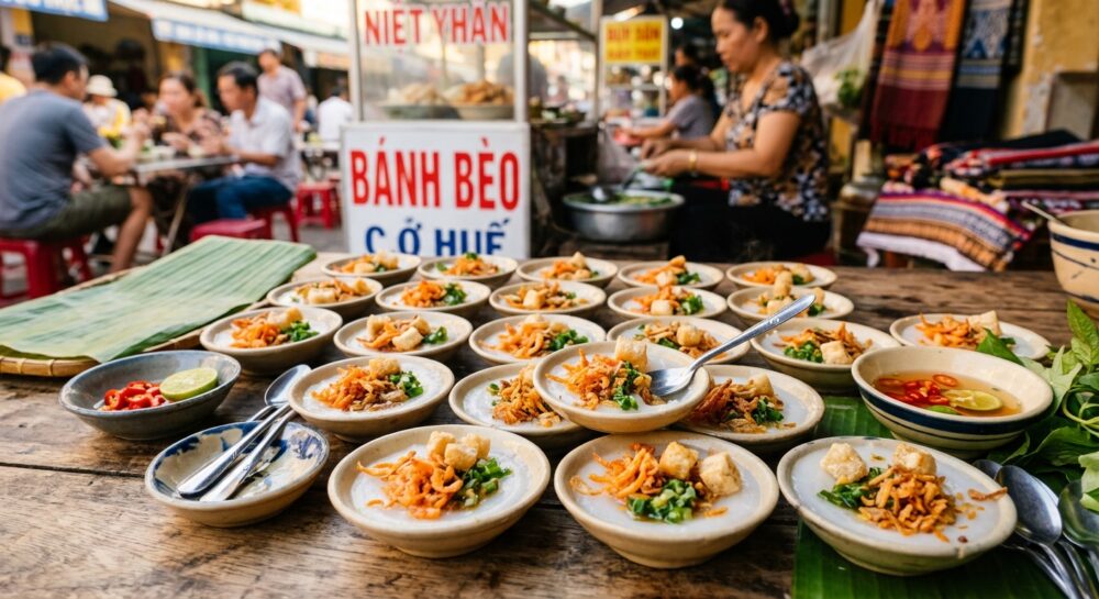 フエの伝統食バイン・ベオ。小さな器に入った蒸し米ケーキ。