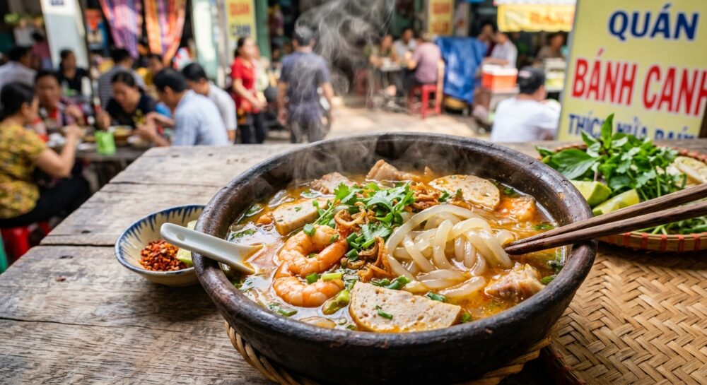 ベトナム料理バイン・カン。もちもちした太麺とエビのスープ麺。