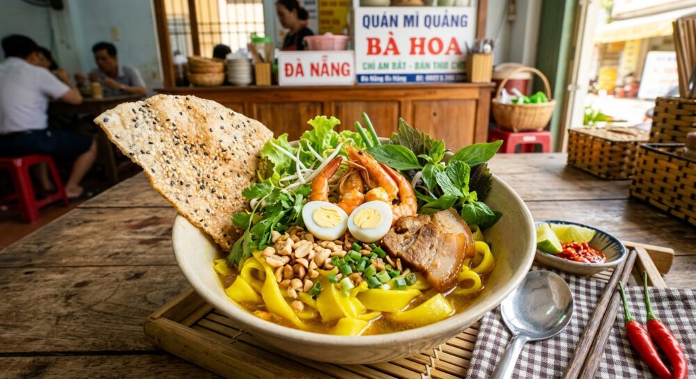 ダナン名物ミ・クアン。黄色い平麺にエビ・豚肉・ピーナッツが乗る彩り豊かな麺料理。