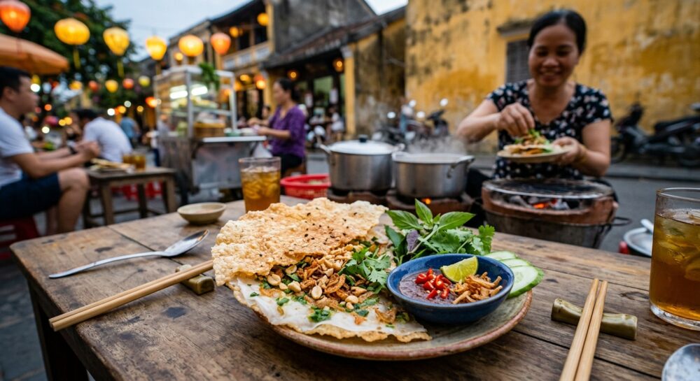 ホイアン名物バイン・ダップ。焼いたカリカリのライスペーパーと生ライスペーパーを重ねた一品。