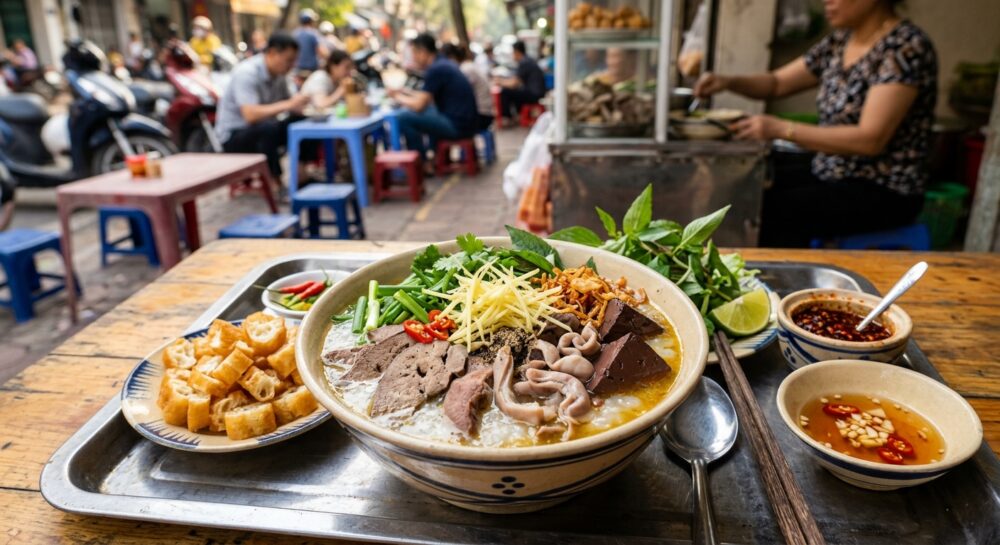 ベトナムの内臓入りお粥チャオ・ロン。モツや血豆腐が入ったローカルフード。