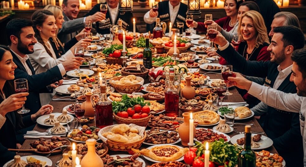 ジョージアのスープラ。大人数で食卓を囲む伝統的な宴会文化。