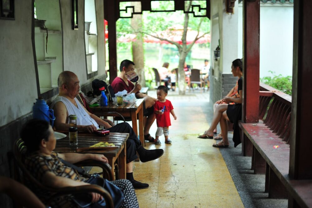 happy traveler conversation local cafe abroad